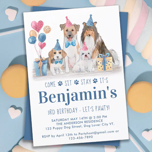 Puppy Party Dog Blue Boy Birthday Pawty Invitation | Zazzle