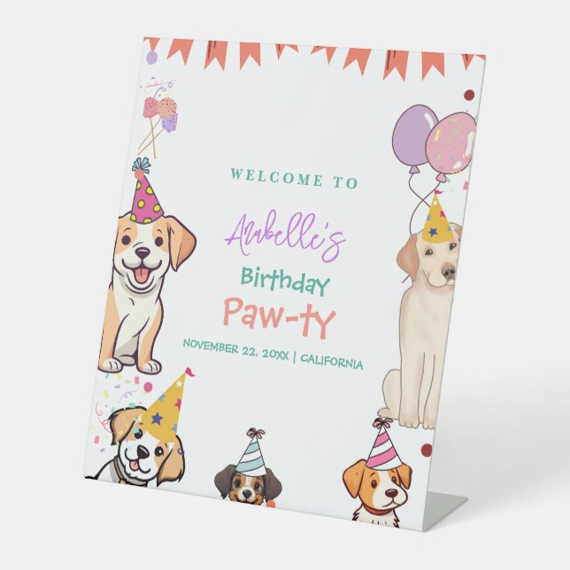 Puppy Party Dog Let's Pawty Birthday Welcome Sign (Front)