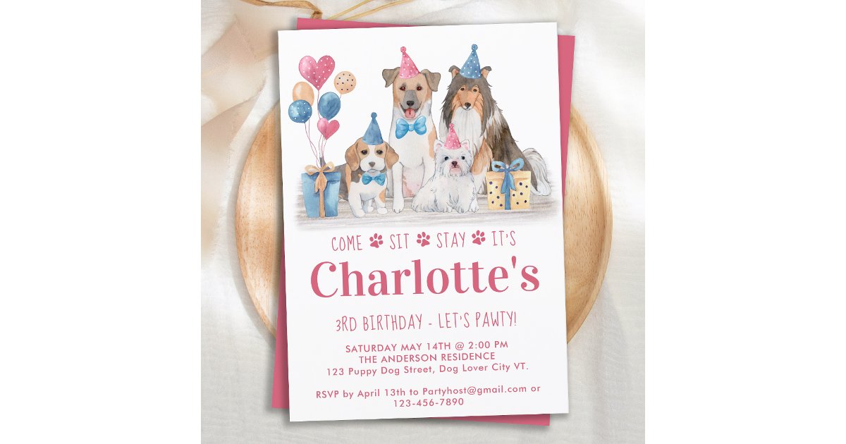Puppy Party Dog Pink Girl Birthday Pawty Invitation | Zazzle