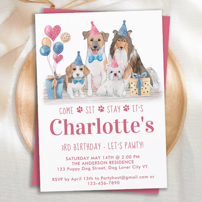 Puppy Party Dog Pink Girl Birthday Pawty Invitation