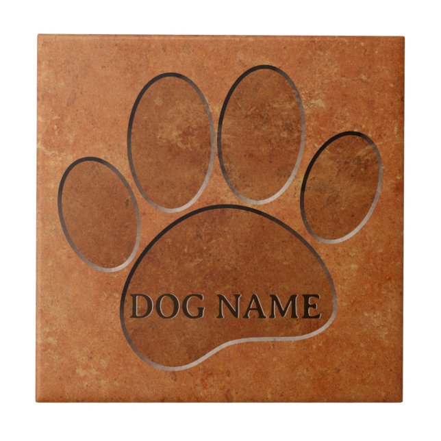 Puppy Paw Faux Terracotta Print Custom Name Ceramic Tile (Front)