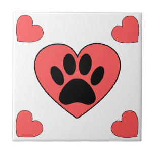 Puppy Paw Print And Red Hearts Pattern Ceramic Tile