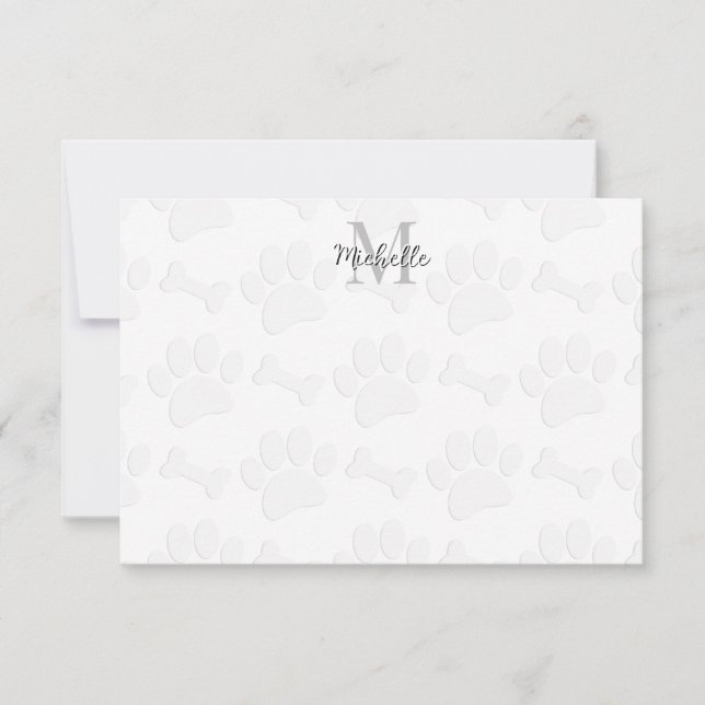 Puppy Paw Prints and Bones Personalized Monogram Note Card (Front)