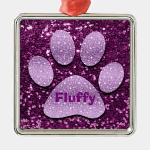 Puppy Paw Purple Faux Glitter Metal Ornament