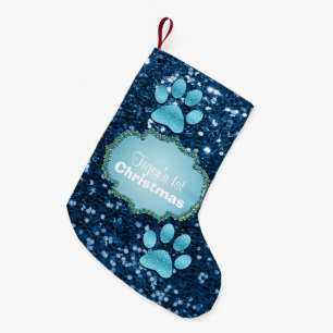 Puppy Paws Blue Faux Glitter Small Christmas Stocking
