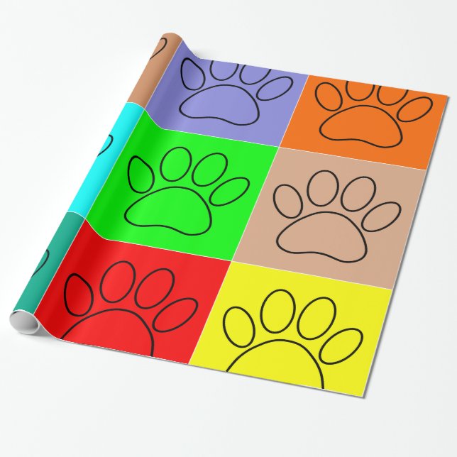 Puppy Paws In Squares Wrapping Paper (Unrolled)