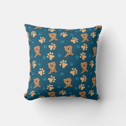 Puppy Paws Print in Blue and Tan Throw Pillow