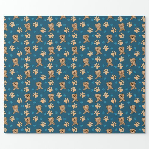 Puppy Paws Print in Blue and Tan Wrapping Paper