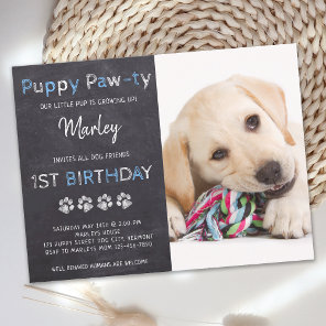 Puppy Pawty Chalkboard Blue Dog Birthday Invitation Postcard