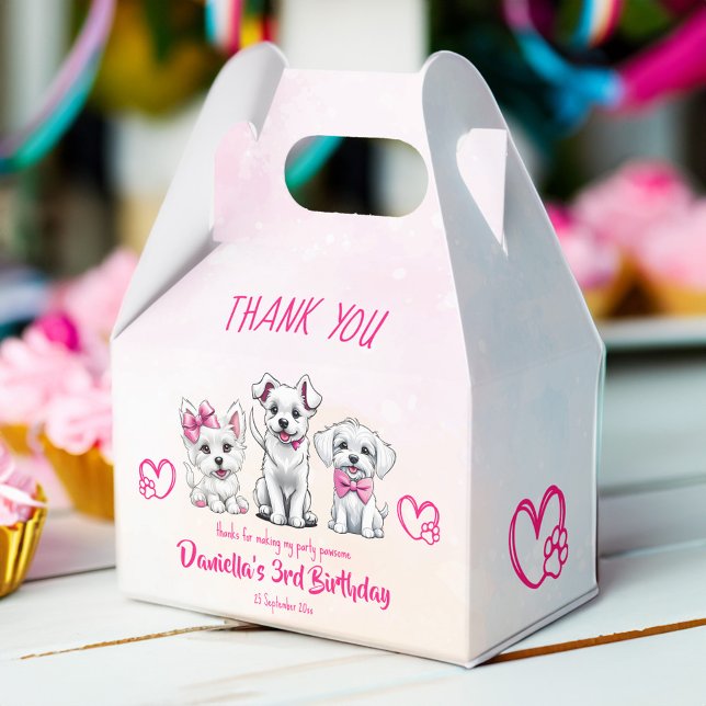Puppy pawty cute white pink puppies template favor boxes (Puppy lets pawty favors cute white puppies with pink bows favor box template dog thank you favors)