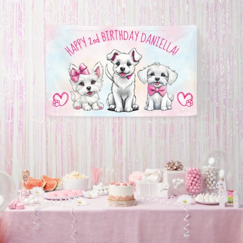 Puppy pawty happy birtyhday white pink puppies  banner