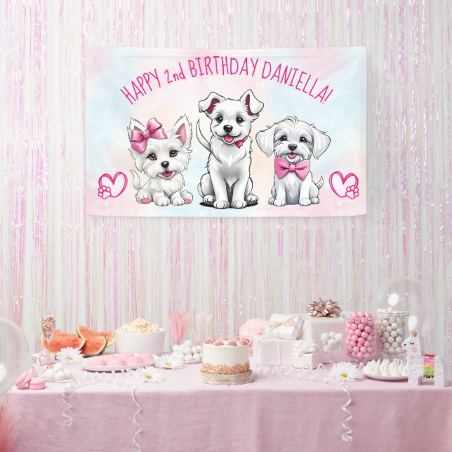 Puppy pawty happy birtyhday white pink puppies  banner (Party)