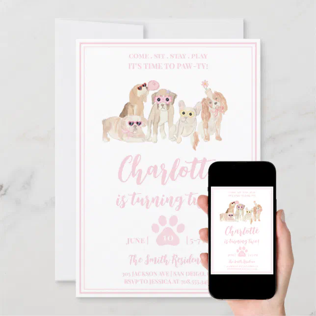 Puppy Pawty Pink Dog Theme Girl Birthday Party Invitation | Zazzle