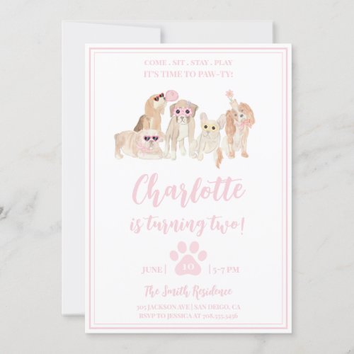 Puppy Pawty Pink Dog Theme Girl Birthday Party Invitation
