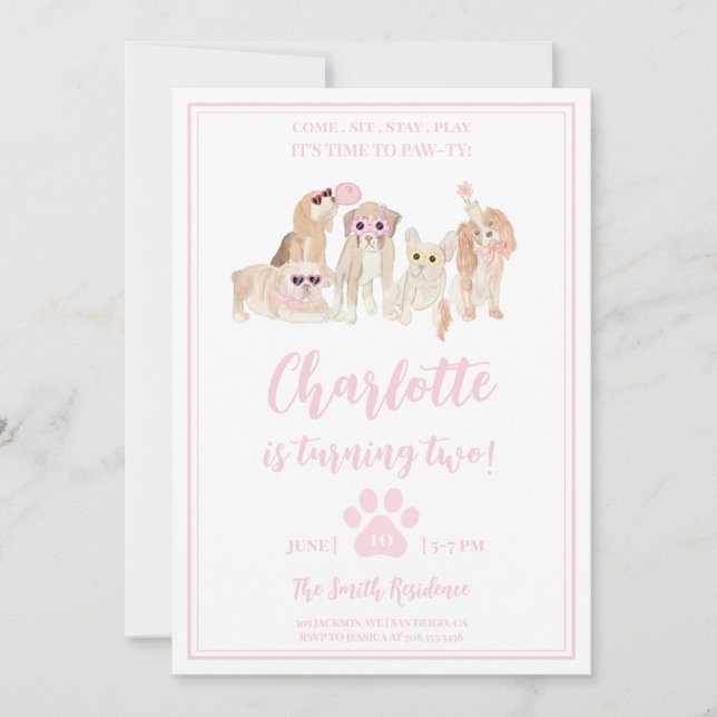 Puppy Pawty Pink Dog Theme Girl Birthday Party Invitation (Front)