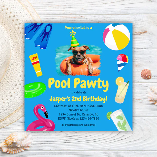 Puppy Pawty Pool Party Dog Birthday Invitation | Zazzle