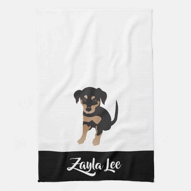 Puppy Personalizable Dog Name Black White Brown Kitchen Towel (Vertical)