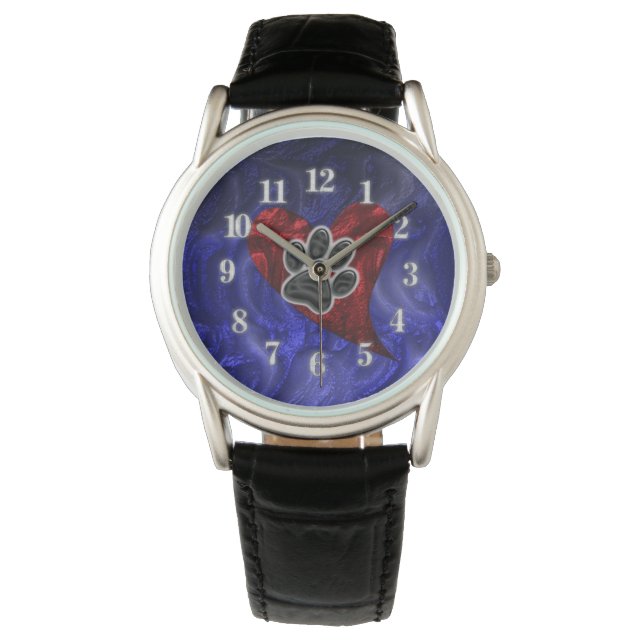 Puppy Pet Best Friend Red Heart Dog Paw Print Watch (Front)