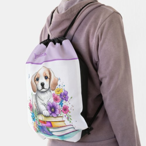 Puppy  Petals Colorful Books  Summer Flowers Drawstring Bag