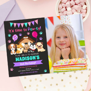 Puppy Photo Birthday Invitation / Girl Paw-ty