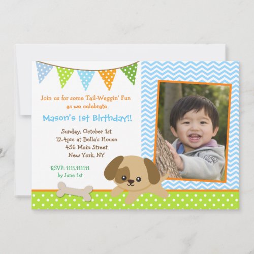 Puppy Photo Birthday Party Invitations for boys