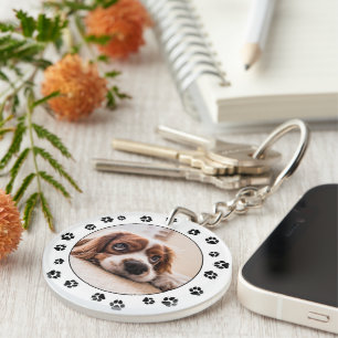 Puppy Photo Black Pawprints Keychain