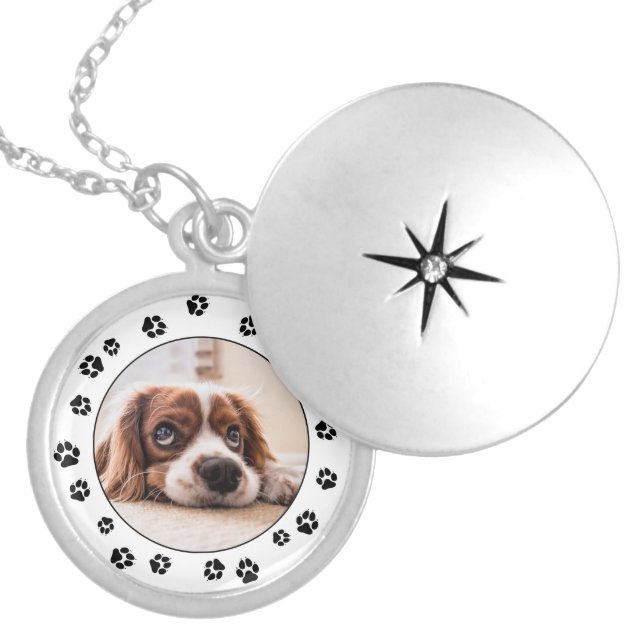 Puppy Photo Black Pawprints Locket Necklace (Front)