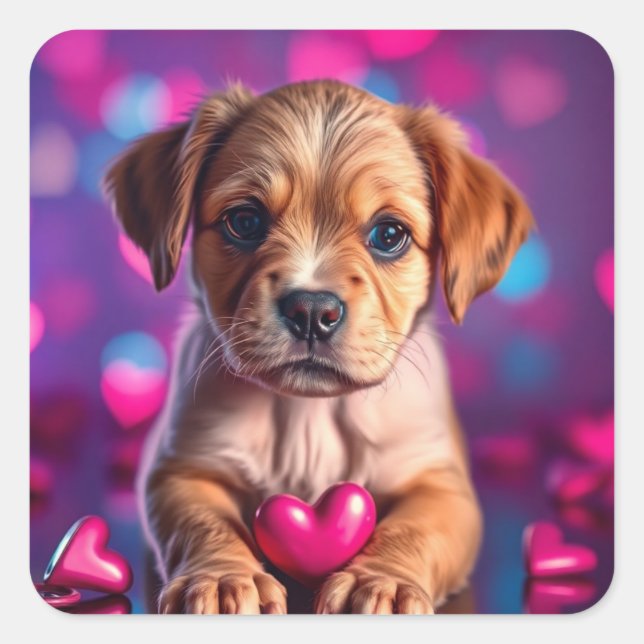 Puppy Pink Hearts Square Sticker (Front)
