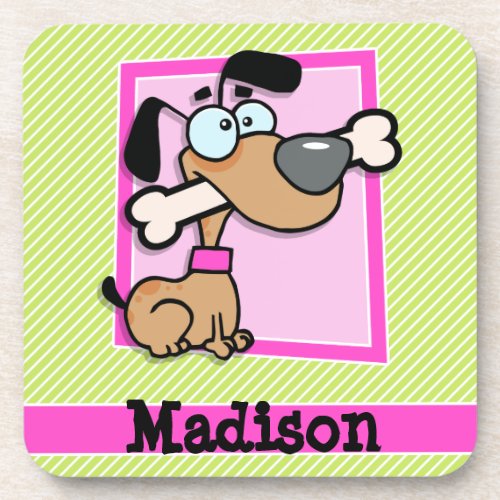 Puppy Pink Lime Green  White Stripes Drink Coaster