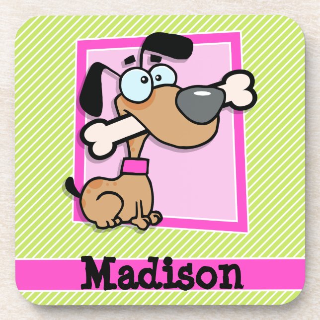 Puppy, Pink, Lime Green & White Stripes Drink Coaster (Front)