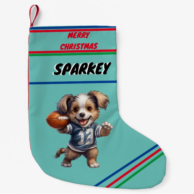 Puppy Playing Football Christmas Stocking / Name (Front)