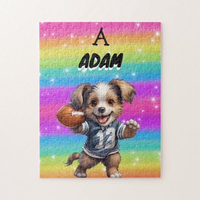 Puppy playing Football with Rainbows & Name Jigsaw Puzzle (Vertical)