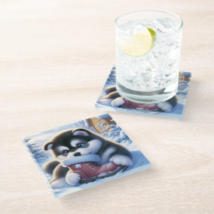 Puppy Playing With a Snow-Covered Winter Boot  Glass Coaster