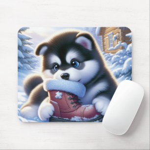 Puppy Playing With a Snow-Covered Winter Boot Mouse Pad