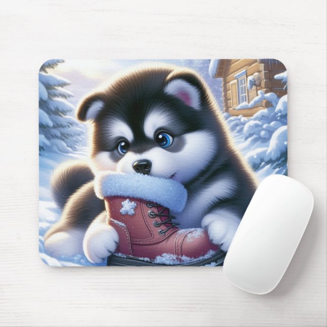 Puppy Playing With a Snow-Covered Winter Boot  Mouse Pad (With Mouse)