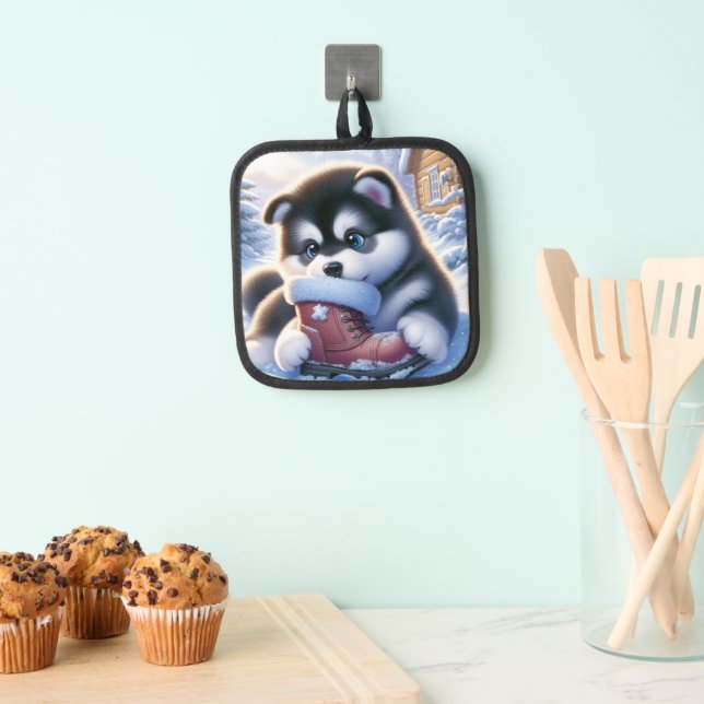 Puppy Playing With a Snow-Covered Winter Boot Pot Holder (Insitu(Hanging))