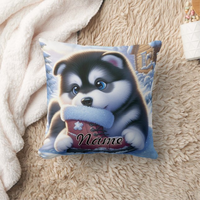 Puppy Playing With a Snow-Covered Winter Boot  Throw Pillow (Blanket)