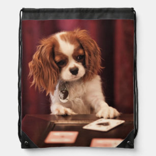 Puppy Plays Cards Drawstring Bag
