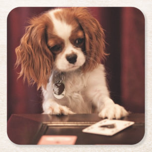 Puppy Plays Cards Square Paper Coaster