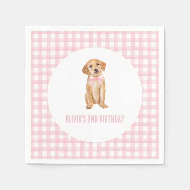 Puppy preppy pink plaid birthday napkins (Front)