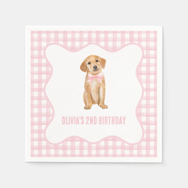 Puppy preppy pink plaid birthday napkins (Front)