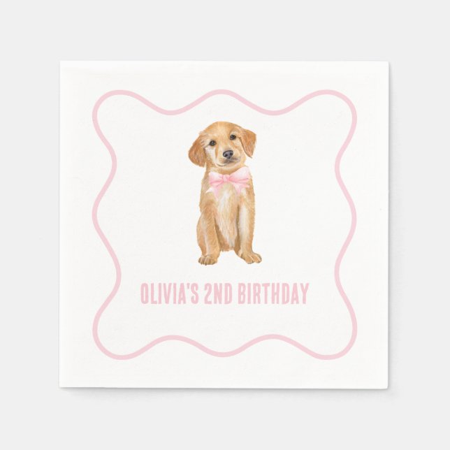 Puppy preppy pink plaid birthday napkins (Front)