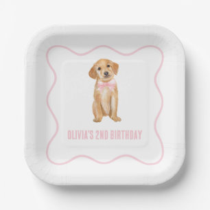 Puppy preppy pink plaid birthday paper plates