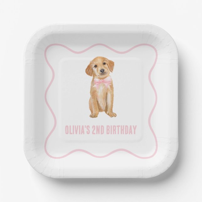 Puppy preppy pink plaid birthday paper plates (Front)