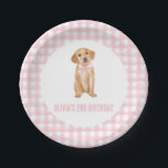 Puppy preppy pink plaid birthday paper plates<br><div class="desc">Preppy puppy golden retriever birthday with pink bow and pink plaid.</div>