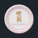 Puppy preppy pink plaid birthday paper plates<br><div class="desc">Preppy puppy golden retriever birthday with pink bow and pink plaid.</div>