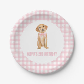 Puppy preppy pink plaid birthday paper plates