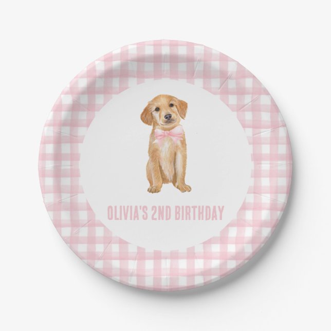 Puppy preppy pink plaid birthday paper plates (Front)