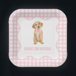 Puppy preppy pink plaid birthday paper plates<br><div class="desc">Preppy puppy golden retriever birthday with pink bow and pink plaid.</div>