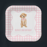 Puppy preppy pink plaid birthday paper plates<br><div class="desc">Preppy puppy golden retriever birthday with pink bow and pink plaid.</div>
